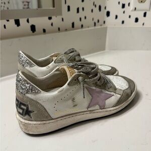 Golden Goose White Sneakers with Silver Glitter and Purple Star
